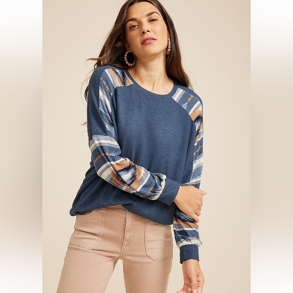 Maurices blue Top with Striped Aztec printed Sleeves drop shoulder mixer tee M
